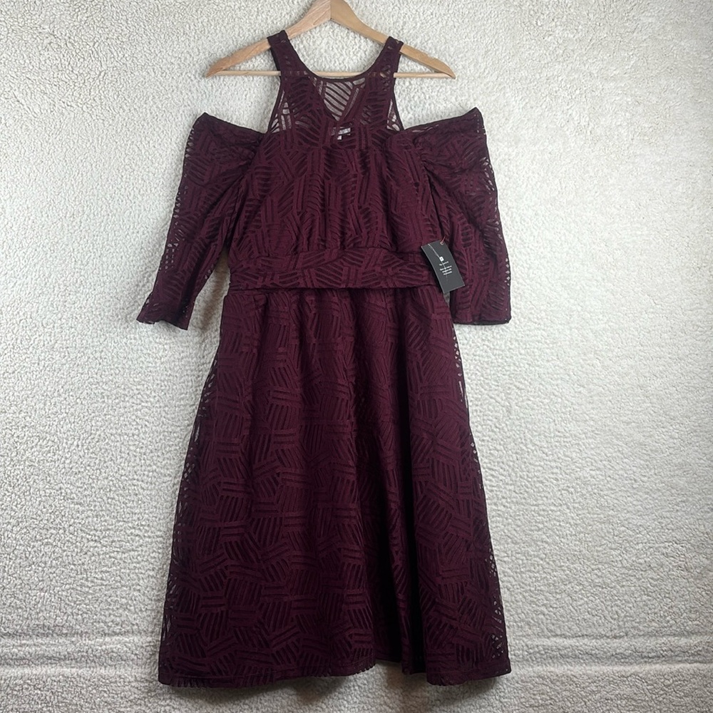 NWT Kiyonna Womens Burgundy Red Lace Cold Shoulder Midi Dress Size 1X